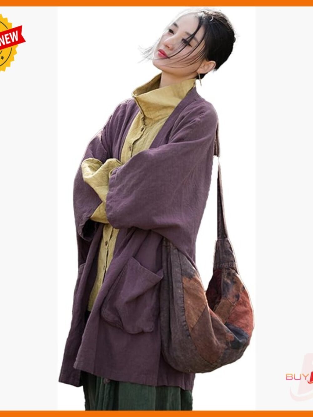 Loose Fit Ramie Cardigan Jacket with Pockets, Kimono Sleeve, Casual Outerwear